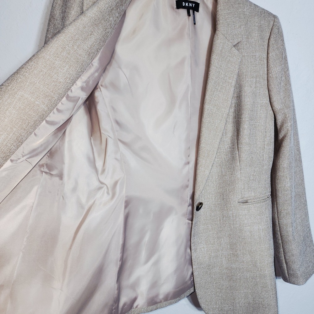 DKNY Blazer Jacket 12 Tan Beige Professional Office Career Linen Look Button - Picture 4 of 8